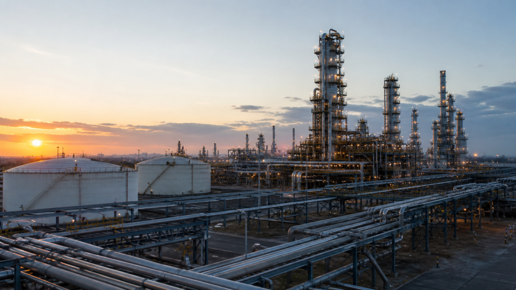 Complejo de refinación con tanques y tuberías industriales para ilustrar el desempeño operativo de PEMEX