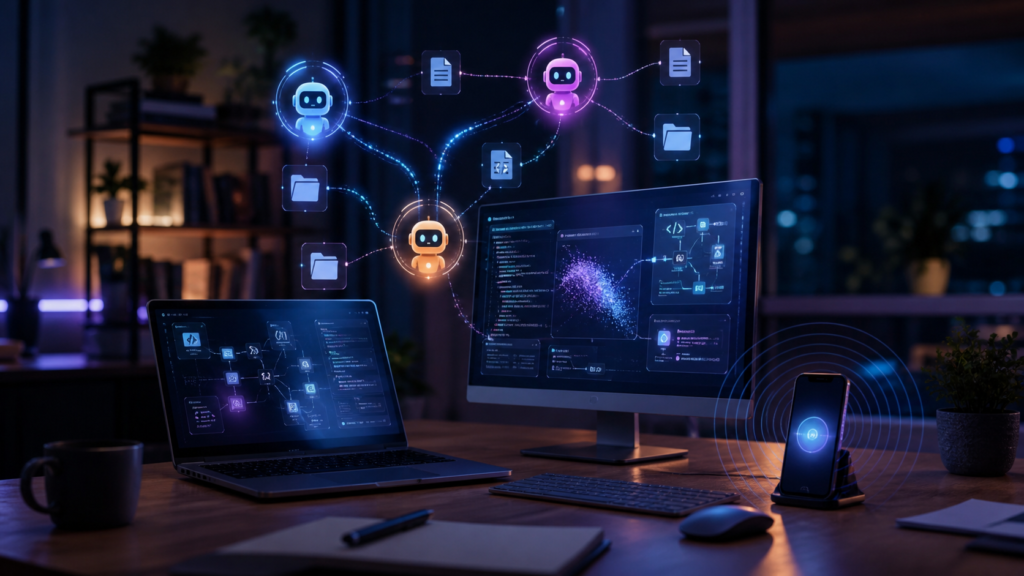Asistentes de voz y agentes de inteligencia artificial coordinando tareas en una computadora